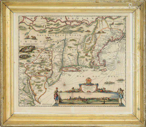 FINE FRAMED CIRCA 1700 DUTCH MAP OF NEW ENGLAND SOUTH TO VIRGINIA.