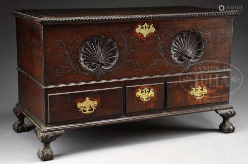 PERIOD CHIPPENDALE BALL AND CLAW FOOT DOWER CHEST.