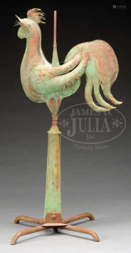 FOLK ART FULL BODIED COPPER ROOSTER WEATHERVANE ON SPIRE.
