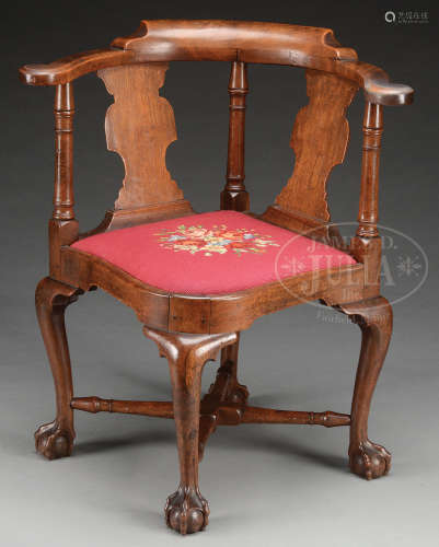 EXCEPTIONAL AND RARE MASSACHUSETTS QUEEN ANNE TRANSITIONAL WALNUT BALL AND CLAW FOOT CORNER CHAIR.