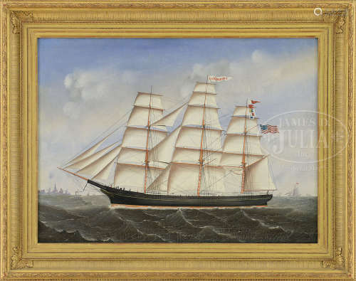 UNSIGNED (American, 19th century) PORTRAIT OF THE SHIP “CARRIE REED”, KENNEBUNKPORT, MAINE “APPROACHING BOSTON HARBOR”.