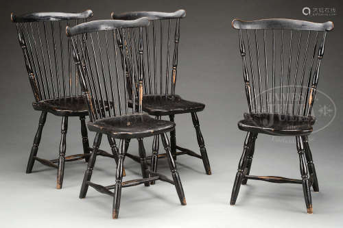 FINE SET OF FOUR CONNECTICUT WINDSOR SIDE CHAIRS IN BLACK PAINT.