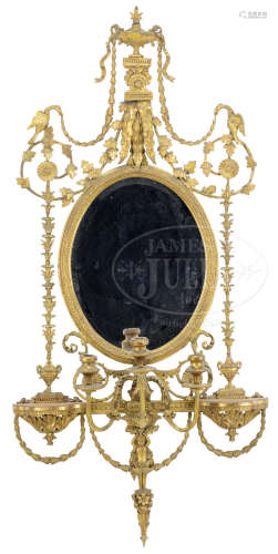 FINE CLASSICAL ADAMS STYLE HEPPLEWHITE CARVED GILT WOOD AND GESSO MIRROR.