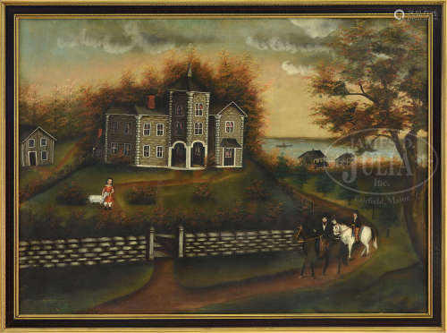 UNSIGNED (American School, 19th century) NEW ENGLAND AUTUMN LANDSCAPE WITH FIGURES.