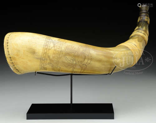 BEAUTIFUL AND UNIQUE EARLY 19TH CENTURY SCRIMSHAWED “AMERICAN EAGLE” POWDER HORN.