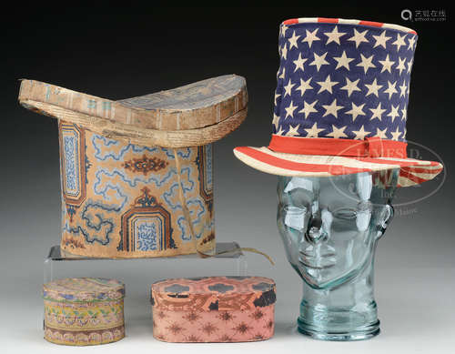 WALLPAPER HAT BOX WITH PATRIOTIC HAT AND TWO WALLPAPER COVERED BOXES.