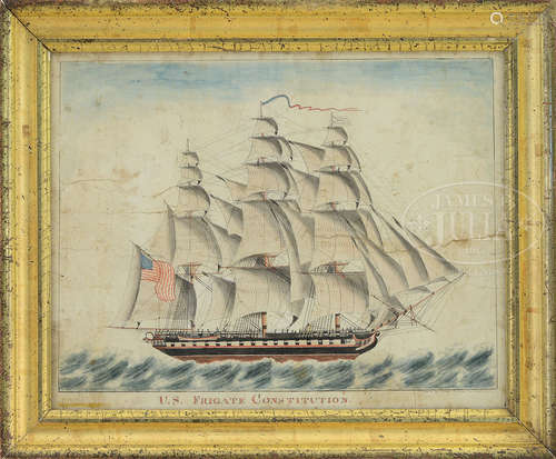 JAMES OSBORN (American, fl. 1827-1832) WATERCOLOR OF THE US FRIGATE CONSTITUTION, PORTLAND 1827.