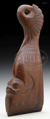 UNUSUAL AND RARE CARVED MAHOGANY AND LIGNUM VITAE TOOL CARVED IN THE FORM OF A DOLPHIN.