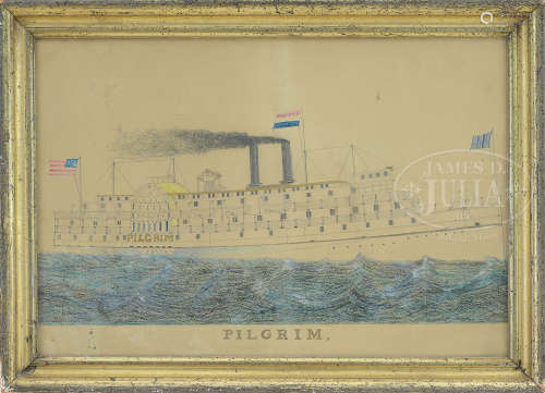 UNSIGNED (American, 19th/20th Century) CRAYON AND PENCIL DRAWING OF THE STEAMSHIP PADDLEWHEEL “PILGRIM”.