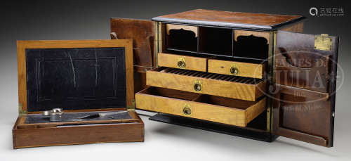 CAMPAIGN STYLE BURL WALNUT AND MAPLE TRAVELING WRITING CABINET.