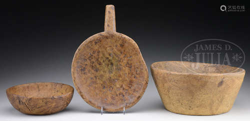 TWO EARLY AMERICAN BURL BOWLS AND A SKIMMER.