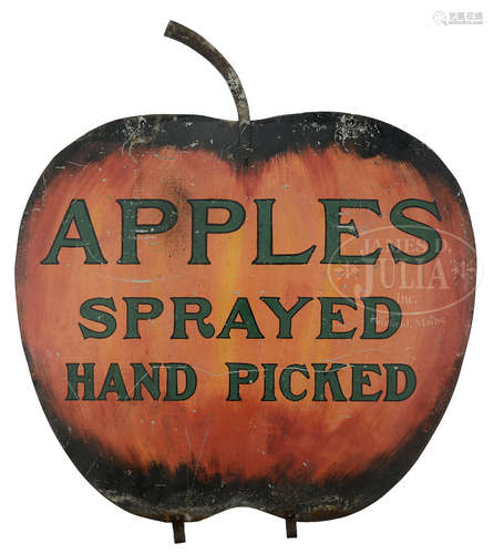 FABULOUS TWO SIDED APPLE FORMED TRADE SIGN IN PAINTED SHEET STEEL “APPLES – SPRAYED – HAND PICKED”.