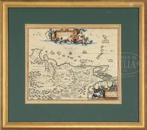 FRAMED AND HAND COLORED EARLY JOHN OGILBY ATTRIBUTED MAP OF AMERICAS.