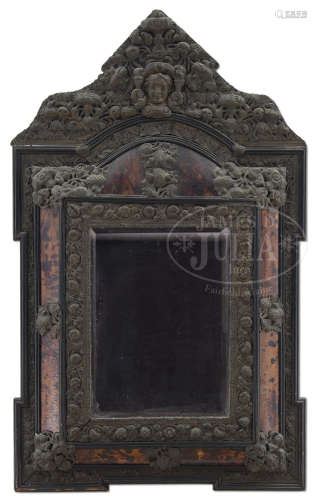 DUTCH BAROQUE STYLE FAUX TORTOISE SHELL AND BRASS MOUNTED WALL MIRROR.