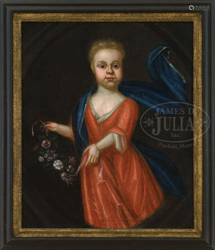 UNSIGNED (American, Mid 18th Century) PORTRAIT OF A GIRL IN A RED DRESS WITH BLUE SHAWL.
