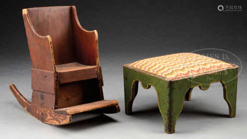 EARLY AMERICAN CHILD’S ROCKING SETTLE ARM CHAIR TOGETHER WITH AN EARLY FOOT STOOL.