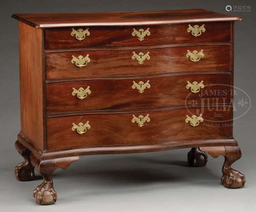 IMPORTANT MASSACHUSETTS CHIPPENDALE SERPENTINE BALL AND CLAW FOOT MAHOGANY CHEST.