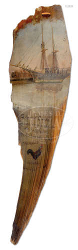 RARE PAINTED WHALE BONE OF THE SCHOONER CAMEO.