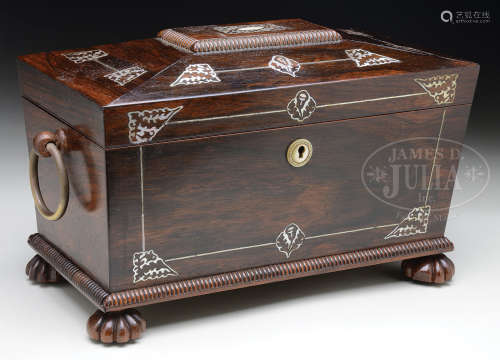 REGENCY ROSEWOOD AND ABALONE TEA CADDY.