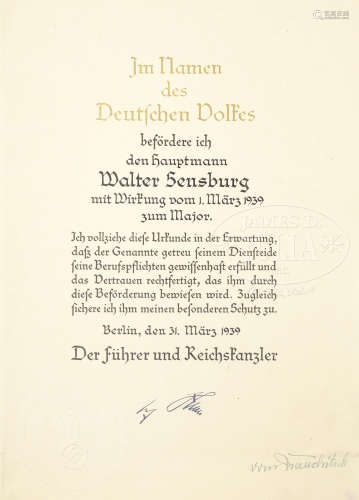 ADOLPH HITLER SIGNED PROMOTION DOCUMENT, 1939.