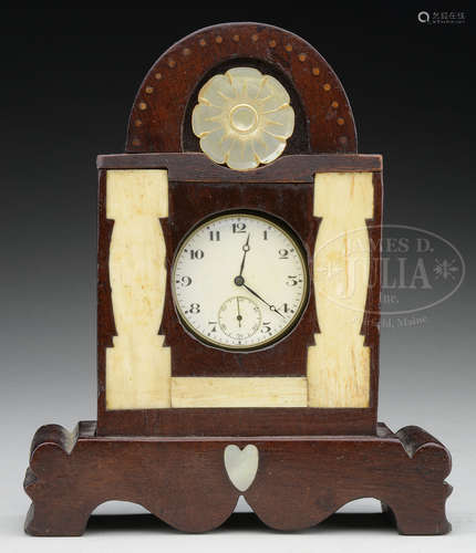 FOLK ART INLAID ABALONE AND BONE MAHOGANY WATCH HUTCH.