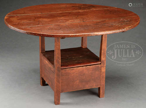 DIMINUTIVE ROUND HUTCH TABLE IN RED PAINT.