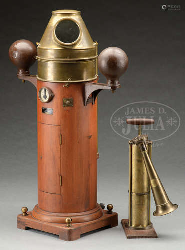 KELVIN-WHITE SHIP’S BINNACLE TOGETHER WITH TYFON BRASS FOGHORN.