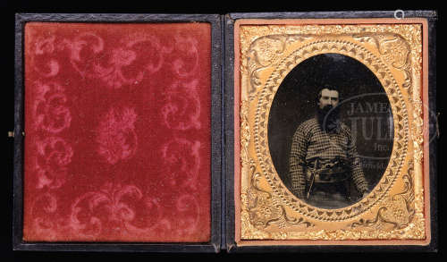 FINE TRIPLE ARMED RUBY AMBROTYPE OF POSSIBLY A MINER OR SOLDIER.