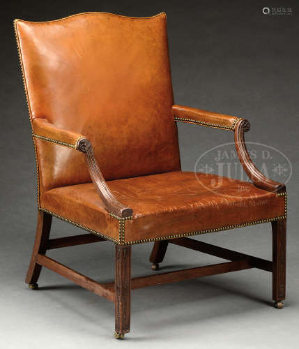 FINE GEORGE III CARVED MAHOGANY GAINESBOROUGH LIBRARY ARMCHAIR.