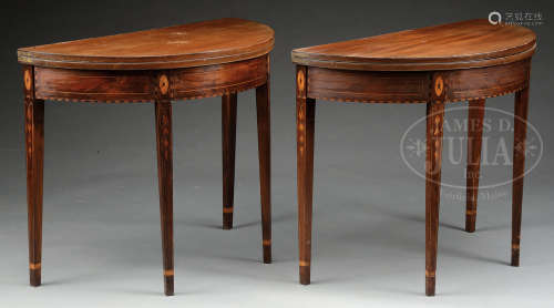 PAIR OF FEDERAL STYLE DEMILUNE INLAID MAHOGANY CARD TABLES.