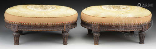 RARE PAIR OF LOUIS XVI CARVED OVAL FOOT STOOLS.