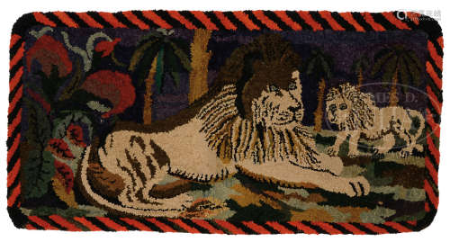 FINE AMERICAN HOOKED RUG OF LIONESS AND HER CUB.