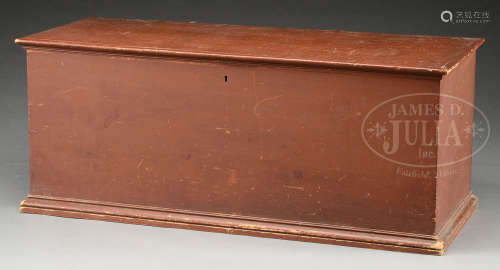 NEW ENGLAND PINE SIX BOARD BLANKET CHEST IN RED PAINT.