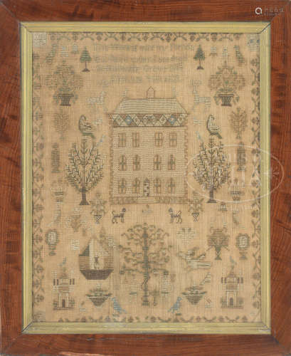 FINE PICTORIAL SAMPLER WROUGHT BY SARAH TURNER 1815.