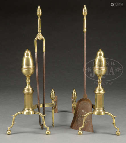 PAIR OF FEDERAL NEW YORK BRASS ANDIRONS TOGETHER WITH A PAIR OF TOOLS WITH BEEHIVE FINIALS.