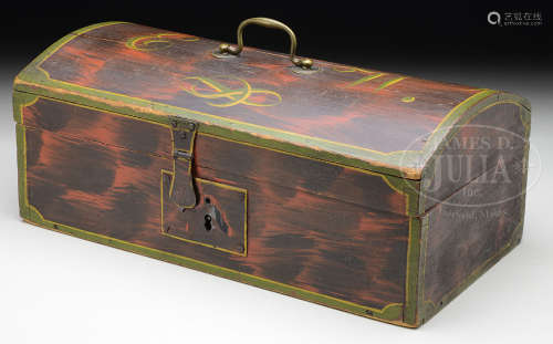 GRAINED AND PAINT DECORATED DOME TOP BOX.