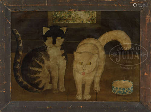 INTERESTING FOLK ART PAINTING OF TWO CATS.