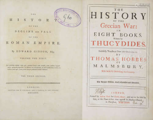 BOOKS: SIX VOLUMES OF THE HISTORY OF THE DECLINE AND FALL OF THE ROMAN EMPIRE, BY GIBBON, LONDON 1777-89, AND ONE VOLUME OF THE HISTORY OF THE GRECIAN WAR (PELOPONNESIAN WARRE): IN EIGHT BOOKS WRITTEN BY THUCYDIDES, TRANSLATED BY THOMAS HOBBES, LONDON, 1656.