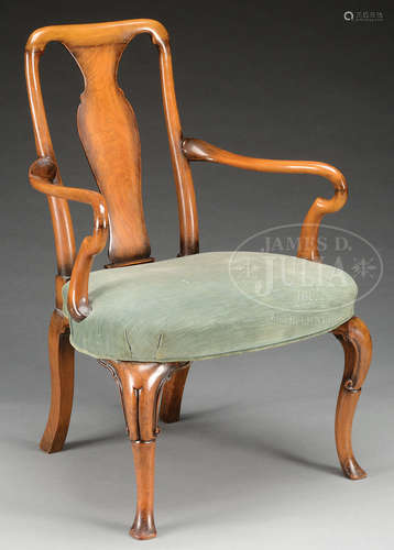 QUEEN ANNE WALNUT OPEN ARMCHAIR.