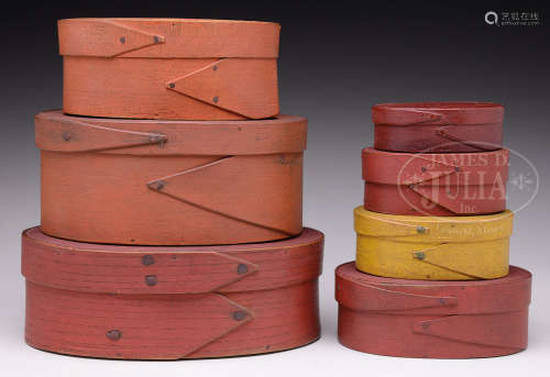 FINE GROUP OF SEVEN OVAL COVERED PANTRY BOXES.