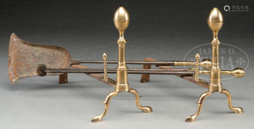 SIGNED PAIR OF BELL METAL AND IRON LEMON-TOP ANDIRONS TOGETHER WITH TWO FIREPLACE TOOLS.
