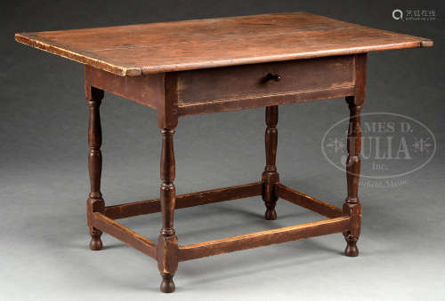 EARLY AMERICAN PINE TAVERN TABLE IN RED PAINT.