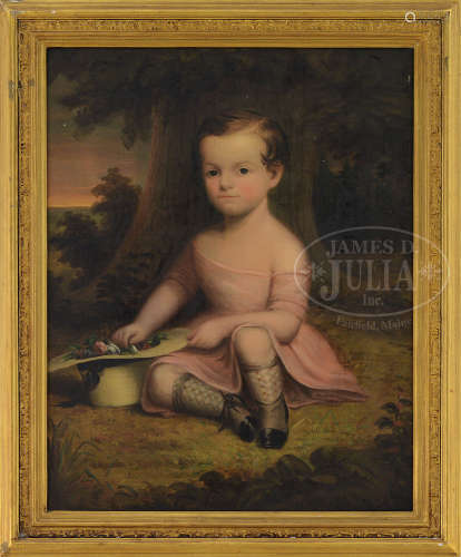 UNSIGNED (American School, Mid 19th Century) FOLK PORTRAIT OF A CHILD IN PINK DRESS WITH STRAW HAT OF FLOWERS.