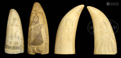 THREE SCRIMSHAW PORTRAIT TEETH AND A FOURTH WITH PORTRAITS OF AMERICAN SHIPS.