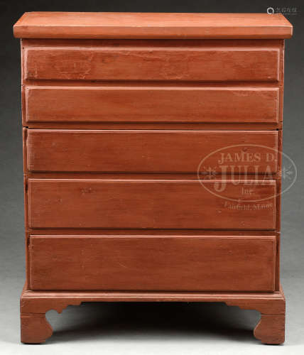18TH CENTURY BRACKET FOOT 3 DRAWER BLANKET CHEST IN RED PAINT.