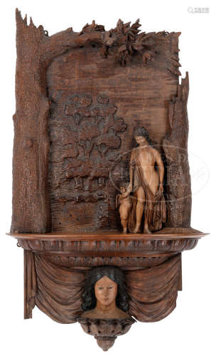 OUTSTANDING CARVED HANGING WALL SHELF BY HENRY LEACH (American, 1809-1885).
