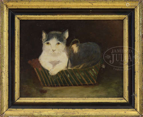 WONDERFUL PRIMITIVE PAINTING OF A CAT RESTING IN BASKET.