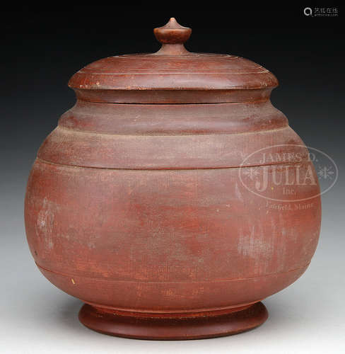 EARLY AMERICAN TURNED WOODEN BOWL WITH COVER IN ORIGINAL RED PAINT.