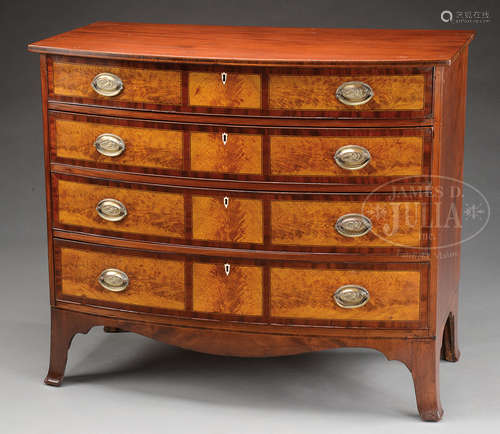 FINE PORTSMOUTH NEW HAMPSHIRE FEDERAL INLAID MAHOGANY BOWFRONT CHEST OF DRAWERS.