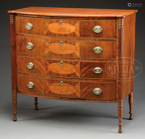 TRANSITIONAL INLAID MAHOGANY BOWFRONT CHEST OF DRAWERS.